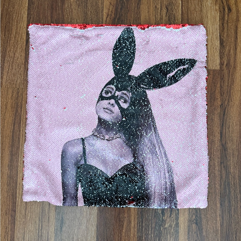 Pink Sequin Pillow with Black Bunny Mask Design